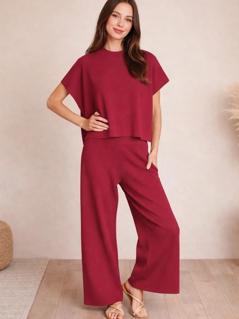 NEW Zenana Cabernet Red Ribbed Knit Matching Lounge Set Top & High Rise Pants